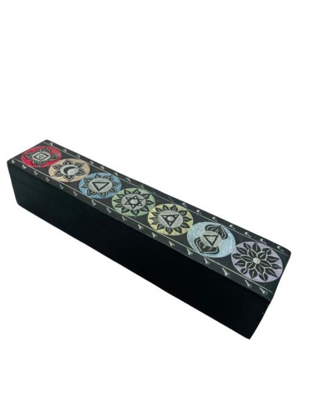 Hand-Painted Black Incense Holder Box with Colorful Chakra Medallions